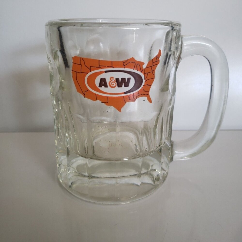 Vtg A&W Root Beer‎ 4.5" Heavy Glass Mug Coast To Coast US Map Logo 8 oz